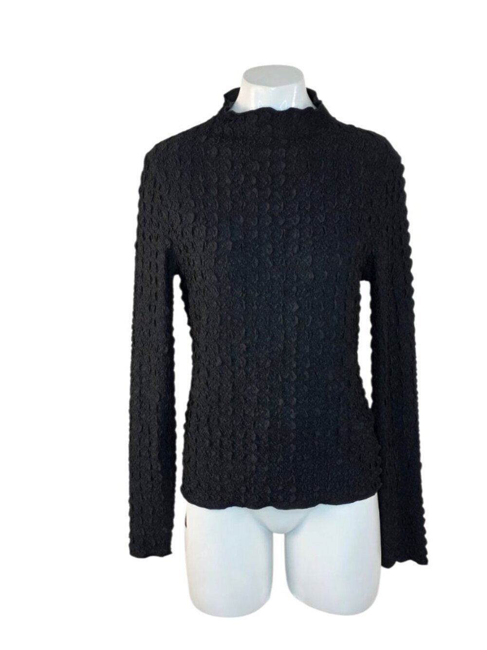 Jason Wu Textured Long Sleeve Top, Scallop Trim, Black, Crinkle, Mock Neck, Sz S